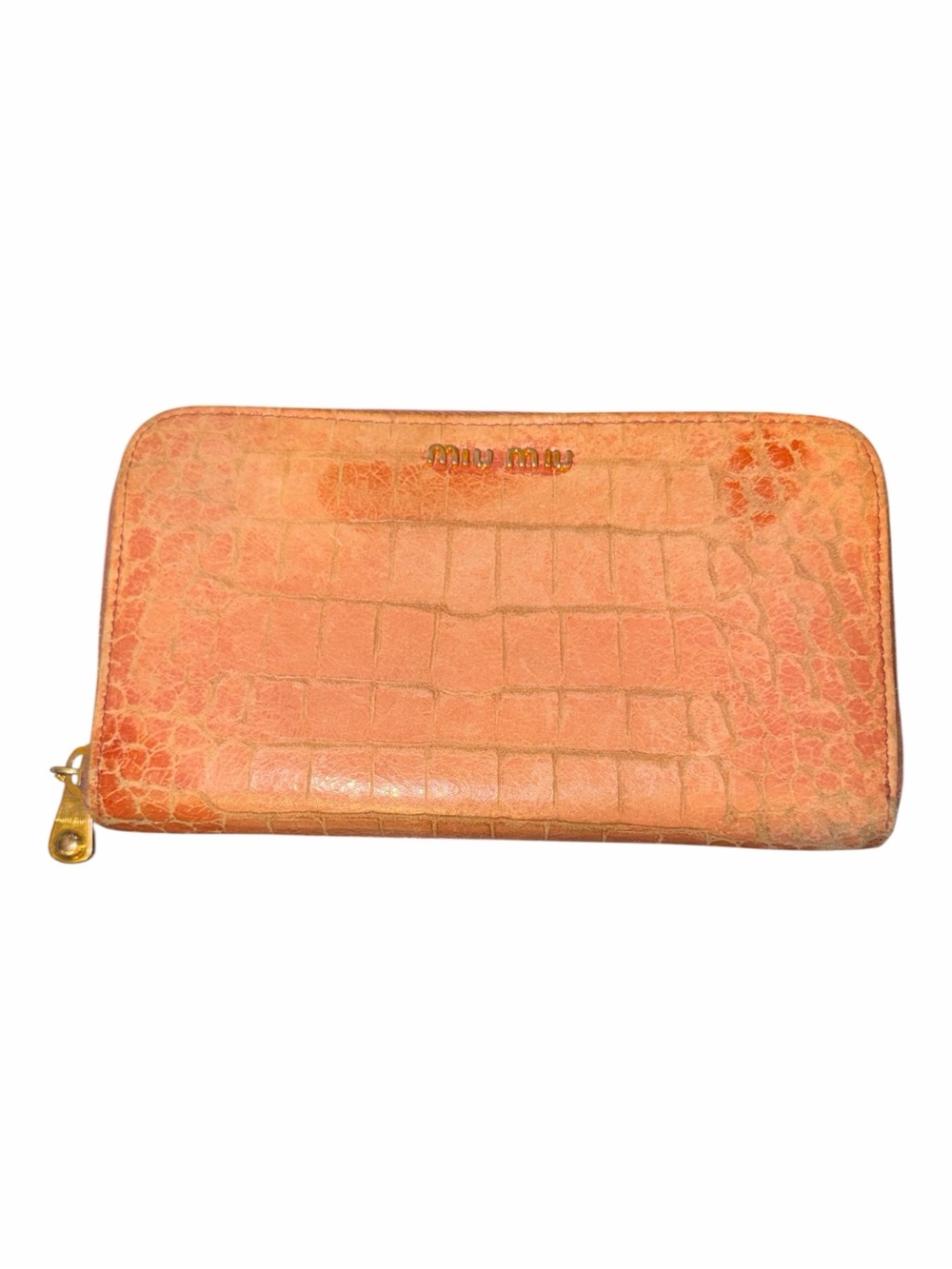 Miu Miu Coral Orange Croc Embossed Leather Zip Around Wallet